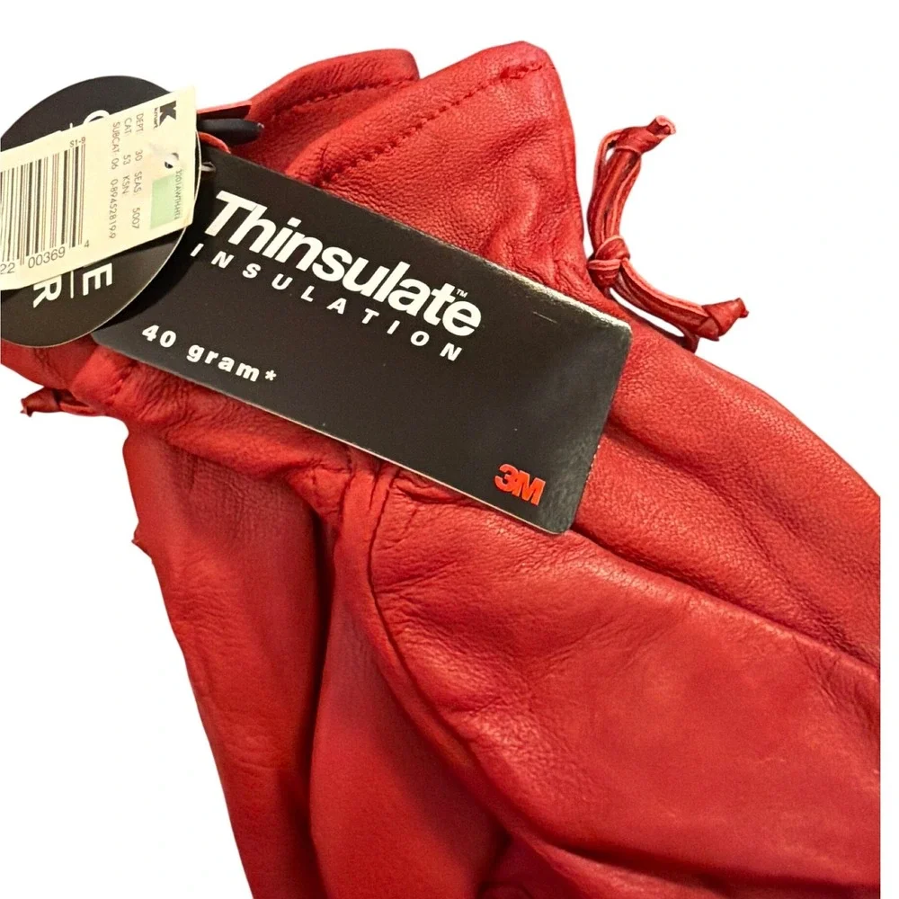 Vintage Deadstock Leather Gloves Red Thinsulate Winter Chic Bow Detail NWT